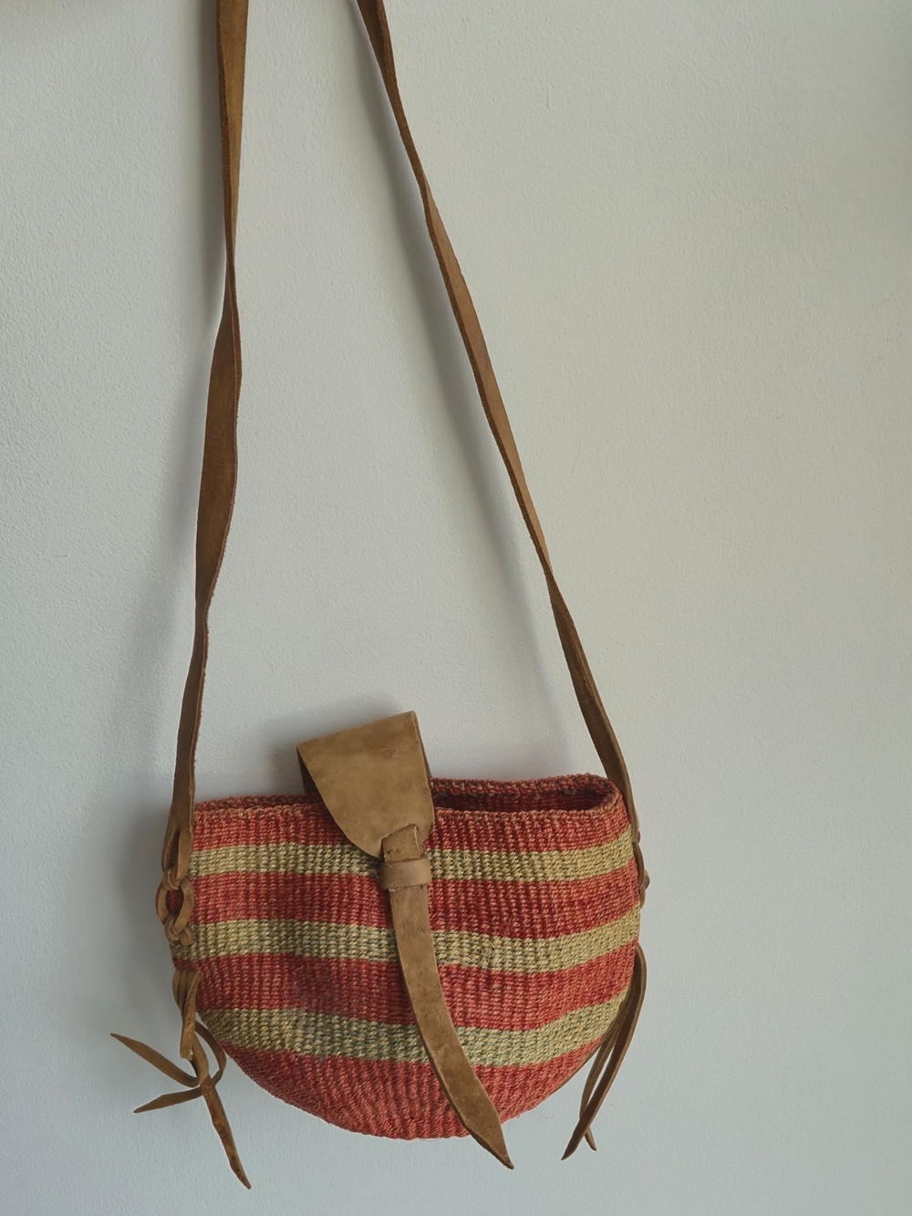 Vintage Handwoven Striped Sisal Crossbody Bag with Leather Details